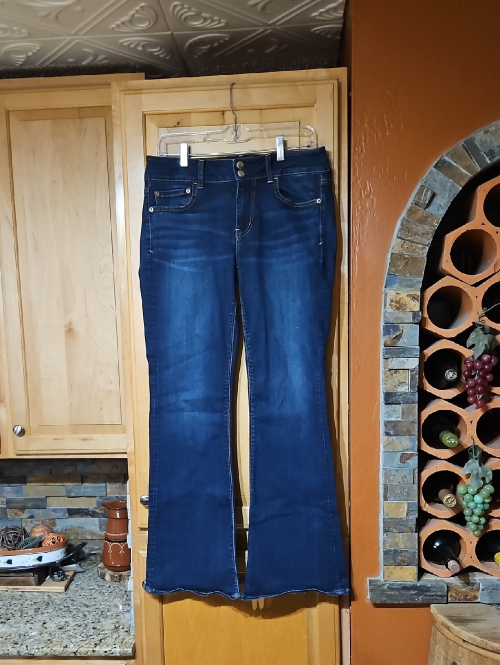 American Eagle Distressed Blue Super Super Stretch Artist Flare Jeans Mid Rise